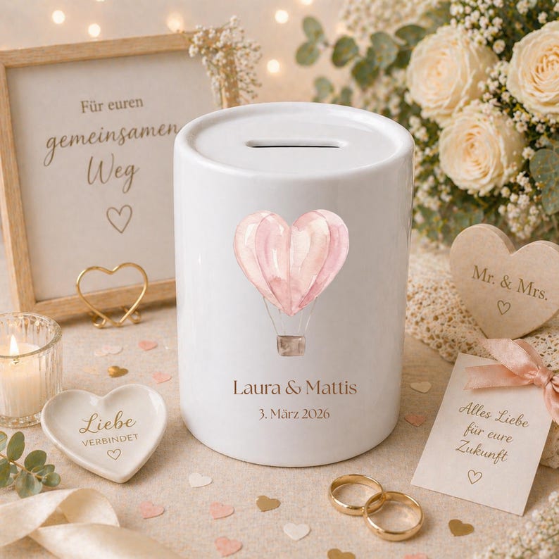May include: A white ceramic money bank with a slot on top, decorated with a pink heart-shaped hot air balloon. The bank is personalized with names and a date. Wedding-themed decor includes a framed sign, rings, and a heart-shaped dish.