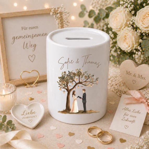 Personalisierte Spardose Hochzeit mit Namen | Geldgeschenk Hochzeit – Keramik Spardose - Hochzeitsgeschenk personalisiert Freie Trauung