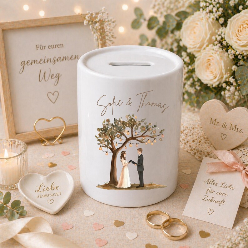 May include: A white ceramic money box featuring a cylindrical shape with a coin slot on top. The front displays a printed illustration of a couple standing under a tree with hanging lights, with the names Sofie & Thomas written above.