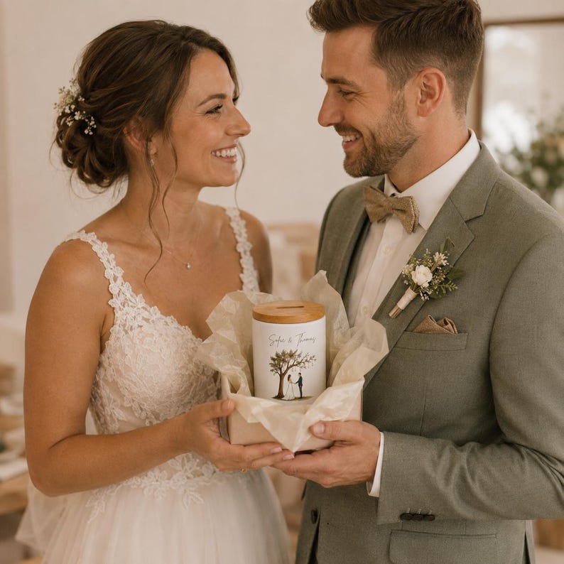 May include: A cylindrical white ceramic money box with a wooden lid, featuring a printed illustration of a couple standing under a tree and the text "Sofie & Thomas". The container is nestled inside a small square box lined with light beige tissue paper.