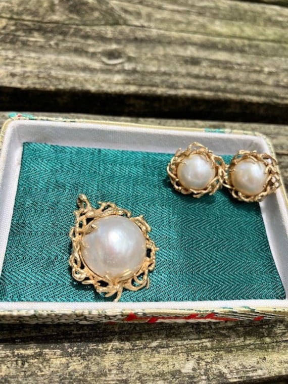 Gold Mabe Pearl Earrings and Pendant