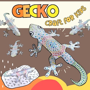 Könnte beinhalten: Eine farbenfrohe Illustration von Gecko-Bastelarbeiten für Kinder. Das Bild zeigt mehrere Papier-Geckos mit gepunkteten Mustern in verschiedenen Farben, zusammen mit dem Text "GECKO Craft for Kids" in Orange und Gelb.