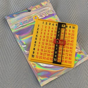 May include: A yellow multiplication table with black numbers and a red slider, resting on a holographic iridescent pouch. The table displays numbers 1-10 across the top and down the side, with multiplication results.