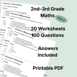 Problemi di matematica stampabili per la seconda e la terza elementare / 20 schede di lavoro con risposte / Matematica della vita reale in formato PDF per bambini dai 7 ai 9 anni / Parte 1