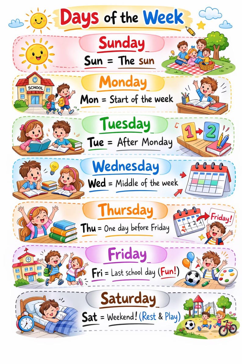 Days of the Week Poster for Kids | Printable Learning Chart ...