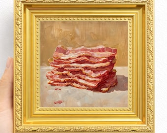 Mini pintura al óleo de tocino, arte original de comida, marco dorado, decoración de cocina, regalo para amantes del desayuno, para chefs, arte de pared con temática de desayuno, obra de arte para el hogar