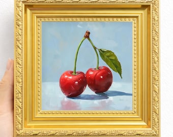 Mini Kirsche Ölgemälde Original Kunstwerk Rote Kirschen Stillleben Kleine gerahmte Kunst Küche Dekor Geschenk für Obstsammler Food Lover