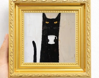 Funny Black Cat Oil Painting with Coffee Cup Hand Painted Art Unique Cat Art for Cat Lovers Home Decor Perfect for Modern Interiors