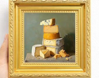 Gestapelde kaas olieverfschilderij gastronomisch eten muur kunst keuken decor realistische kaas stilleven kunst cadeau voor kaasliefhebbers foodie vrienden
