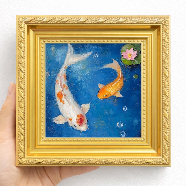 Tableau de carpes koï, art pour jardin aquatique bleu, œuvre d'art pour bassin à carpes koï, peinture à l'huile faite main, décoration murale nature, cadeau pour maman, papa, amoureux des poissons, maison