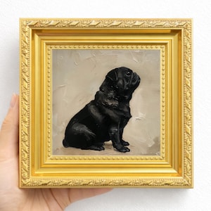 Mini Black Pug Painting, Hand-Painted Dog Portrait, Gold Frame Wall Art