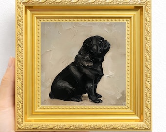 Mini cuadro de carlino negro enmarcado, retrato de perro, arte de pared neutro, fondo beige, regalo conmemorativo para mascotas para amantes de los perros, decoración minimalista de estilo vintage.
