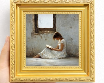 Vrouwelijke lezing muur kunst origineel olieverfschilderij vrouw zittend bij raam canvas interieur decor cadeau voor boekenliefhebbers kunstverzamelaar