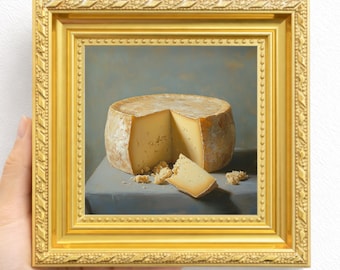 Pintura al óleo de rueda de queso, arte rústico para pared de cocina, bodegón de lácteos, mini lienzo, decoración de granja, regalo para chef, amante del queso, hogar culinario