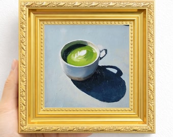 Groene Matcha Latte Schilderij Handgemaakt Olieverfschilderij Keramische Kop Kunst Minimalistische Keukendecoratie Zon Schaduw Stilleven Cadeau voor Koffieliefhebbers