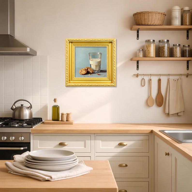 Hand painted oil painting of a glass of milk with chocolate chip cookies, displayed in a classic gold frame on a modern kitchen wall, perfect for tabletop display, kitchen wall decor, or gifting mom, wife, friend, foodie, or coffee lover, showcasing textured brushstrokes, realistic cookie details, and warm tones for breakfast inspired still life artwork.