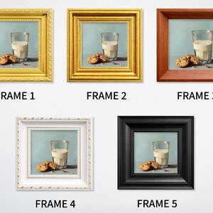 Small hand painted oil painting of a glass of milk and chocolate chip cookies displayed in five different frames including gold, white, black, and wooden styles, perfect for kitchen wall decor, tabletop display, or gifting mom, wife, friend, foodie, or coffee lover, showcasing textured brushstrokes, realistic cookie details, and elegant handcrafted breakfast still life composition.