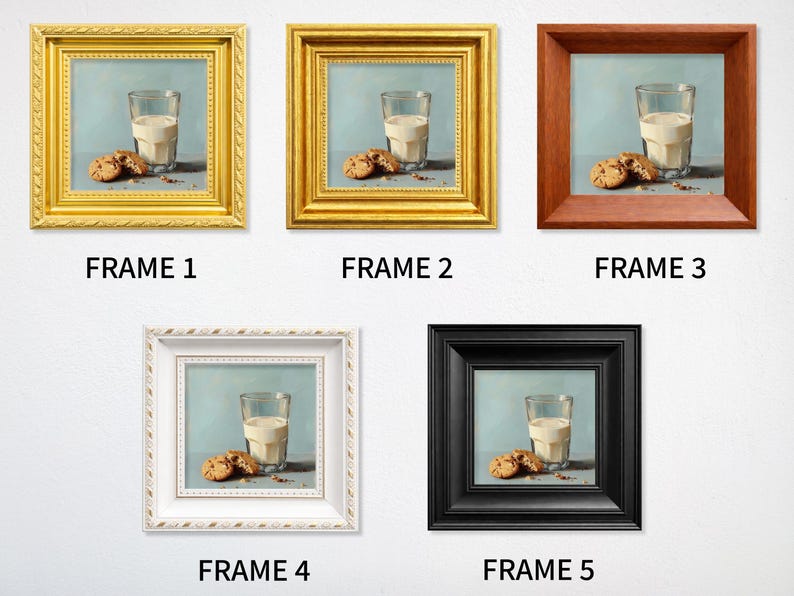 Small hand painted oil painting of a glass of milk and chocolate chip cookies displayed in five different frames including gold, white, black, and wooden styles, perfect for kitchen wall decor, tabletop display, or gifting mom, wife, friend, foodie, or coffee lover, showcasing textured brushstrokes, realistic cookie details, and elegant handcrafted breakfast still life composition.