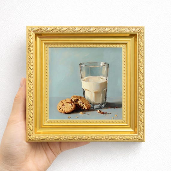 Miniature Milk Oil Painting With Cookies Breakfast Wall Art Hand Painted Kitchen Decor Tabletop Display Gift For Mom Wife Friend Foodie