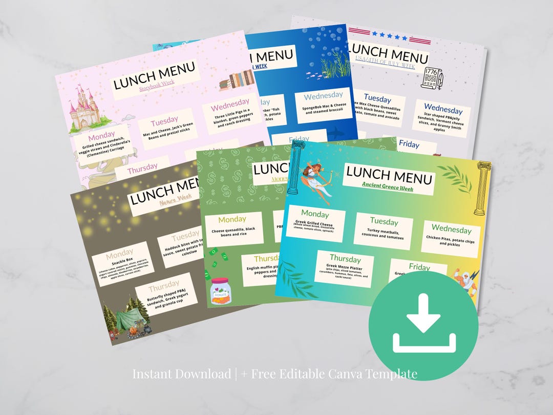 Learning Menu Editable Kids Themed Lunch Menus | Printable Weekly Boards | Editable (digital ...
