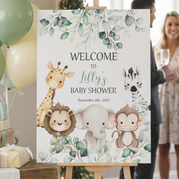 Safari Baby Shower Welcome Sign, A Little Wild One Baby Shower Welcome Sign, Greenery Safari Animals Baby Shower Decoration