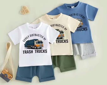 Easily Distracted By Garbage Trucks Kids Shorts Set - Funny Truck T-Shirt & Shorts