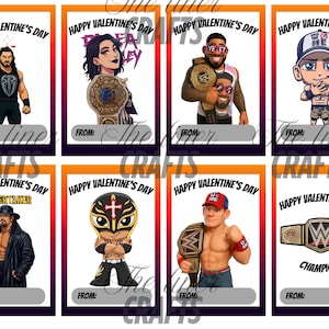 May include: A collection of Valentine's Day cards featuring WWE wrestlers. Each card has a wrestler image, the text "Happy Valentine's Day," and a space to write "From:" The cards have orange and purple borders.