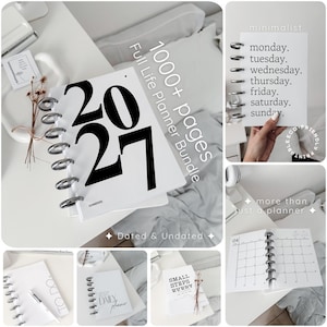 May include: A 2027 disc-bound planner bundle featuring white pages with black text. The cover displays the year 2027 in large font. Included are pages with days of the week, a monthly calendar grid, a to-do list, and the text Small Steps Every Day.