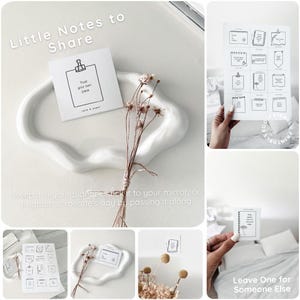 Può includere: Un set di cartoline quadrate stampabili con illustrazioni a linee nere e testi motivazionali. Le carte includono disegni come una clip, un taccuino a spirale e un dente di leone, con frasi come Trust your own pace e Keep going.