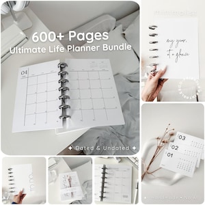 Puede incluir: Un paquete de planificador de vida con más de 600 páginas con diseños fechados y sin fechar. El planificador incluye vistas de calendario mensual, listas de tareas y una portada con el texto 'my year, at a glance'. Encuadernado con discos negros.