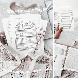 May include: A collection of printable reading journal pages featuring a bookshelf illustration, a book log, and a reading tracker. The pages include text such as 50+ Printable Pages, My Bookshelf, Minimalist, and Your Dream Reading Journal.