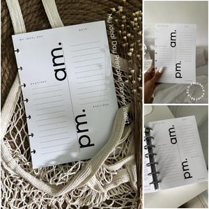 Puede incluir: Una hoja de planificador blanca con texto negro que incluye los encabezados My Ideal Day, Date y Routines. El diseño está dividido en dos secciones verticales etiquetadas como am. y pm. con líneas horizontales para escribir tareas diarias.