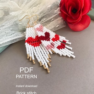 PATTERN Heart & Red Lips Beaded fringe earrings + algorithm of weaving brick stitch fringe/ Preciosa Miyuki Toho seed beads/ PDF Download