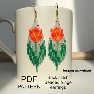PATTERN Tulip Floral Beaded fringe earrings + algorithm of weaving brick stitch fringe/ Preciosa Toho Miyuki/ Instant Download PDF
