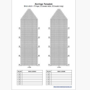 May include: A white paper earring template with a brick stitch and fringe design. The template includes a color and bead legend section, and the text "Earrings Template" is visible. The design is 13 beads wide and 50 beads long.