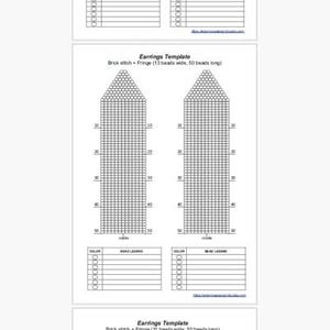 May include: A printable earrings template for brick stitch and fringe beadwork, featuring two grid patterns that are 13 beads wide and 50 beads long. The document includes numbered rows, a bead legend table, and the text Earrings Template.