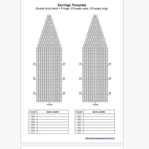 May include: A printable earrings template featuring two blank beadwork grids for a double brick stitch and fringe design. Each grid is 13 beads wide and 35 beads long with numbered rows and a bead legend table at the bottom for color tracking.