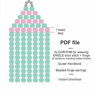 May include: A digital pattern for beaded fringe earrings featuring a triangular top section in alternating mint green and pink beads, with a rectangular fringe section in mint green. Text reads: PDF file, ALGORITHM for weaving SINGLE brick stitch + fringe (2 variations including hidden thread), Guide/ Handbook, Beaded fringe earrings, Instant download, 1 bead step.