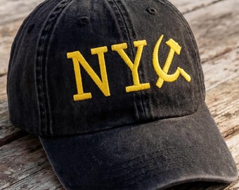 Gorra de papá bordada con diseño desgastado de Nueva York, gorra de béisbol negra vintage, gorra con letras amarillas, gorra bordada urbana, regalo unisex