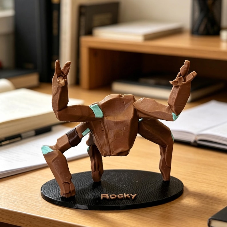 May include: A brown, stylized sculpture of a creature with arms raised in a gesture of triumph. The sculpture has light blue accents and is mounted on a black circular base. The name "Rocky" is printed on the base.