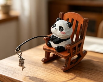 Panda Sitting on Wooden Chair with Metal Fishing Rod | Whimsical Desk Decor for Bookshelf/Gift for her