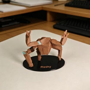 May include: A brown origami crab sculpture with light blue accents, mounted on a black circular base. The base is labeled "Rocky" in white text. The crab is posed with its claws raised.