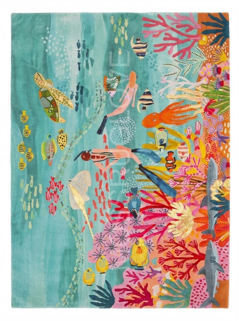 Hand Tufted Ocean Coral Reef Rug | Underwater Sea Life Area Carpet ...