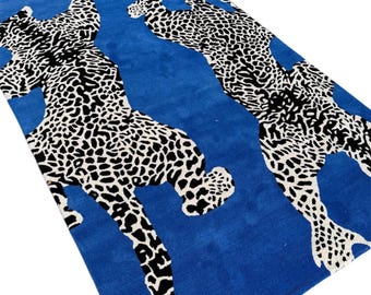 Alfombra de tigre azul real, alfombra de leopardo tejida a mano, alfombra botánica de lana tejida a mano, decoración exótica de la jungla, alfombra de tigre floral maximalista
