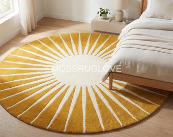 Geel zonnestraal rond tapijt, mosterdgeel en wit rond tapijt, handgetuft radiaal zonnekleed, esthetisch boho-slaapkamertapijt op maat gemaakt getuft vloerkleed