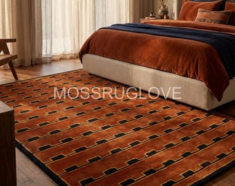 Tappeto in lana trapuntato a mano in stile Mid-Century Modern - Tappeto geometrico arancione bruciato e nero - Arredamento Art Déco anni '70 per soggiorno - Tappeto grande personalizzato
