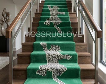 Groene luipaard handgeknoopte traploper, luxe dierenprint wollen traptapijt, handgemaakt traploperkleed 3 x 12, 3 x 16, 3 x 20