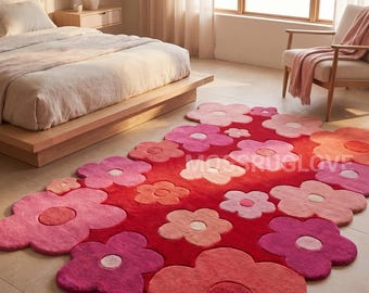 Rosa Blumen-Handgetufteter Wollteppich, Rote Blumenform Niedlicher Teppich, Ästhetischer Schlafzimmerbereichsteppich, Benutzerdefinierte Mädchen Wohnzimmer Schlafzimmer, Kinderteppich