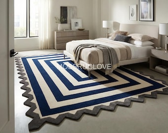 Modern marineblauw geometrisch vloerkleed, getuft tapijt met zigzagrand, handgetuft marineblauw en crème vloerkleed minimalistisch gestreept vloerkleed voor slaapkamer
