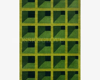 Groen geometrisch vloerkleed, 3D-tapijt met optische illusie, modern vierkant patroontapijt, hedendaags minimalistisch tapijt, decor woonkamer slaapkamer